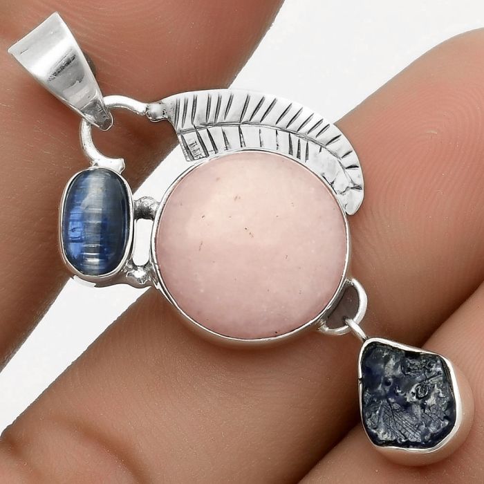 Pink Scolecite, Blue Kyanite & Blue Sapphire Rough Pendant SDP118774 P-1414, 14x14 mm