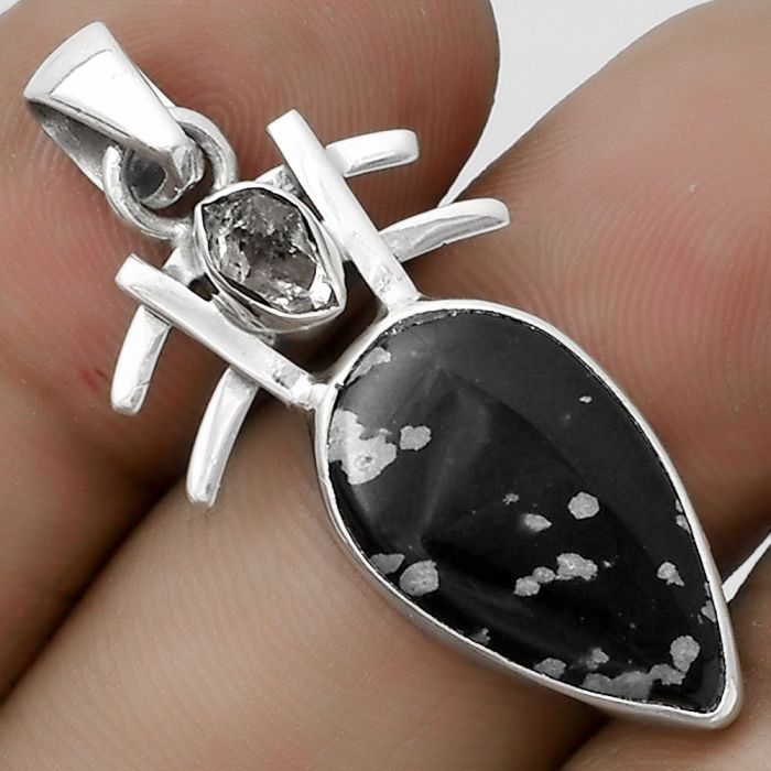 Snow Flake Obsidian & Herkimer Diamond Pendant SDP120378 P-1046, 11x19 mm