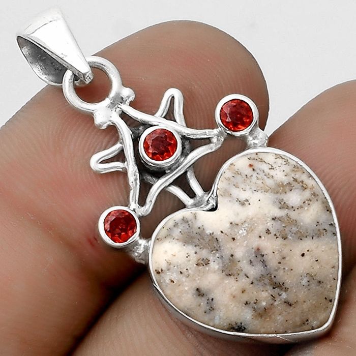 Valentine Gift Star - Heart Dendrite Agate & Garnet Pendant SDP120404 P-1095, 17x17 mm