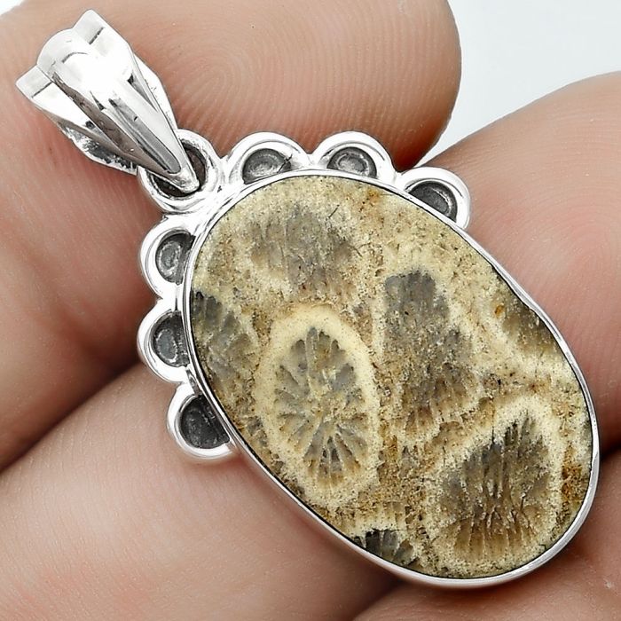Natural Flower Fossil Coral Pendant SDP123609 P-1085, 14x22 mm