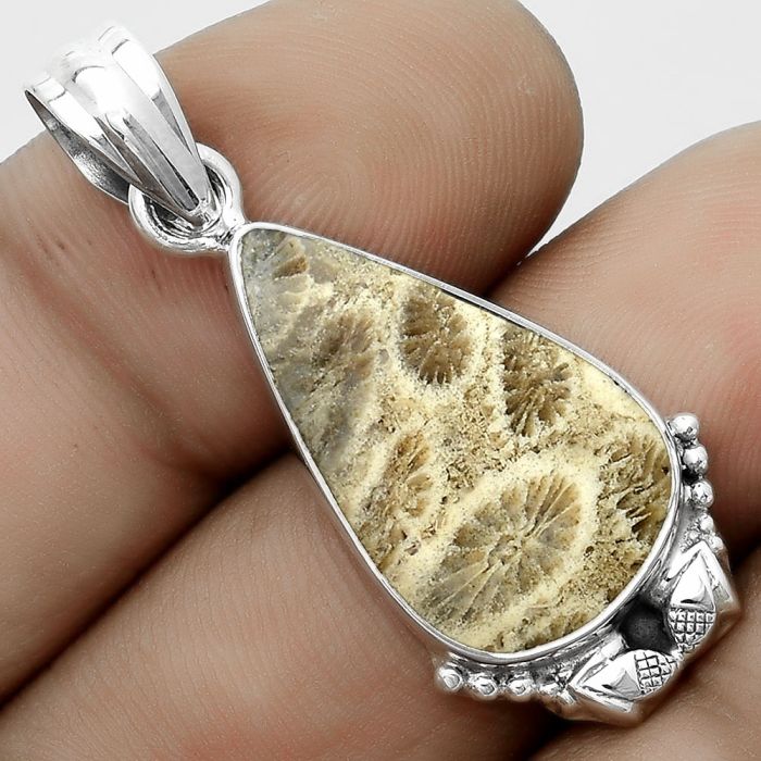 Natural Flower Fossil Coral Pendant SDP123650 P-1102, 14x23 mm