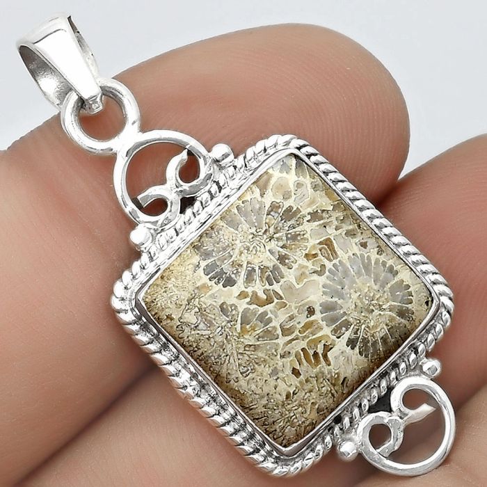 Natural Flower Fossil Coral Pendant SDP124056 P-1696, 15x15 mm