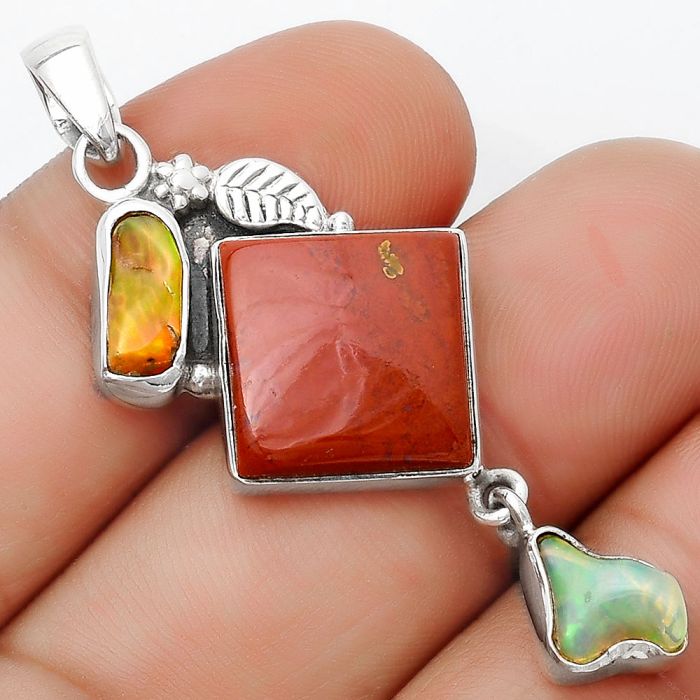 Natural Red Moss Agate & Ethiopian Opal Pendant SDP125566 P-1414, 14x14 mm