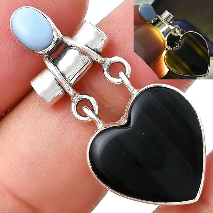 Valentine Gift Heart Black Lace Obsidian & Owyhee Opal Pendant SDP127654 P-1276, 17x17 mm