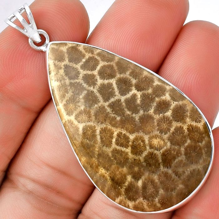 Natural Flower Fossil Coral Pendant SDP128608 P-1001, 26x41 mm