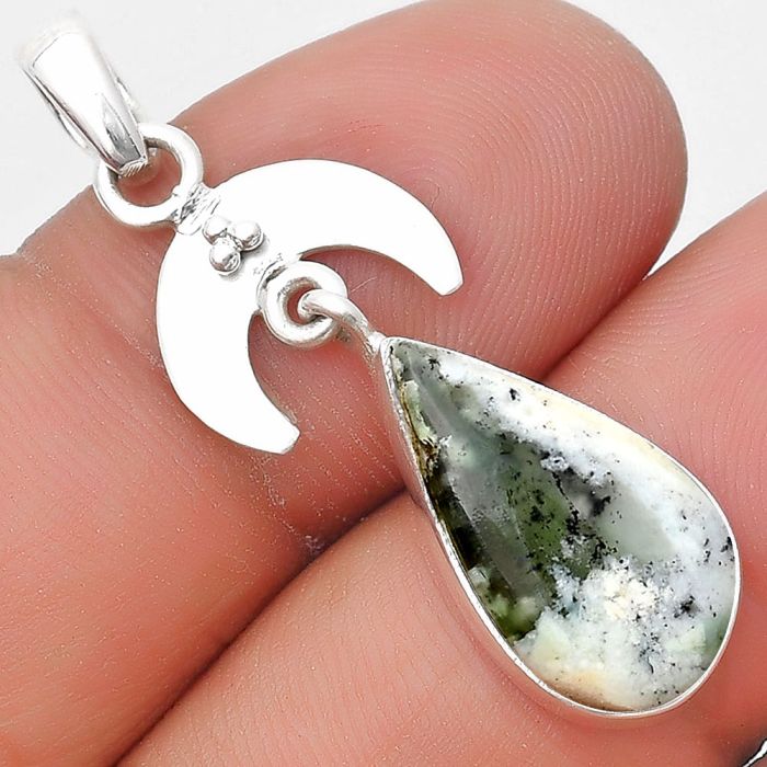 Crescent Moon - Dendritic Chrysoprase - Africa 925 Silver Pendant Jewelry SDP129419 P-1133, 10x18 mm
