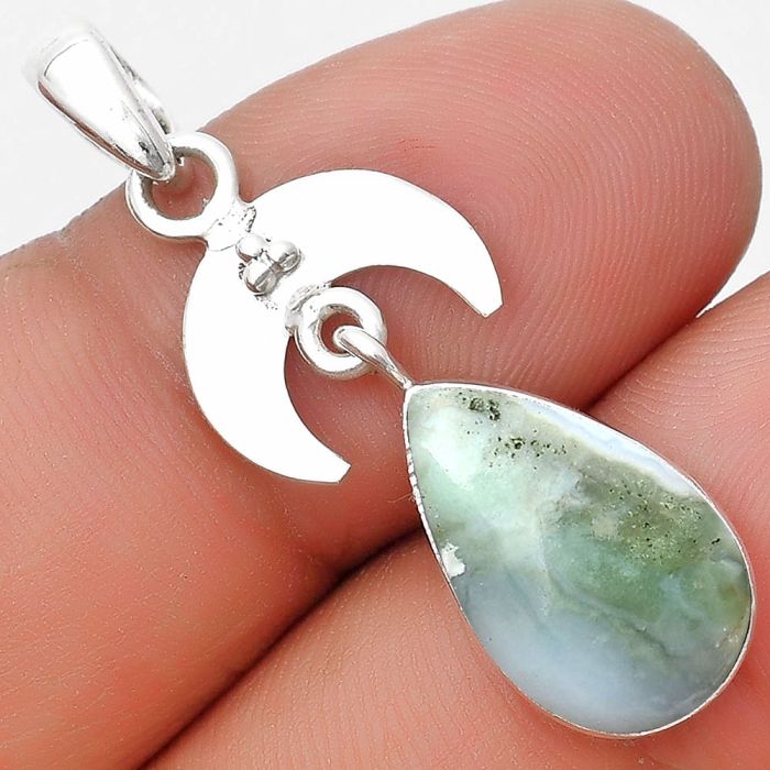 Crescent Moon - Dendritic Chrysoprase - Africa 925 Silver Pendant Jewelry SDP129441 P-1133, 10x16 mm