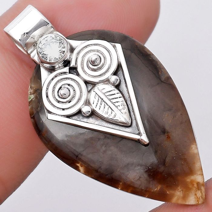 Owl - Red Palm Root Agate & Zircon Pendant SDP130405 P-1649, 21x32 mm