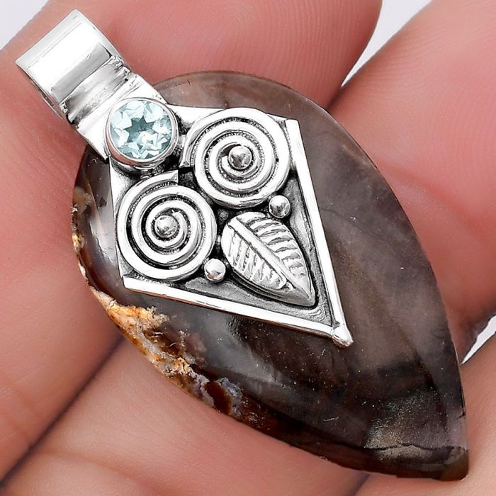 Owl - Red Palm Root Agate & Sky Blue Topaz Pendant SDP130429 P-1649, 20x33 mm