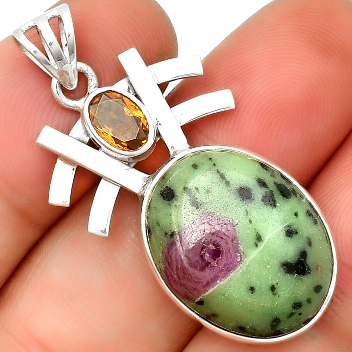 Natural Ruby Zoisite - Africa & Citrine Pendant SDP134040 P-1046, 16x20 mm