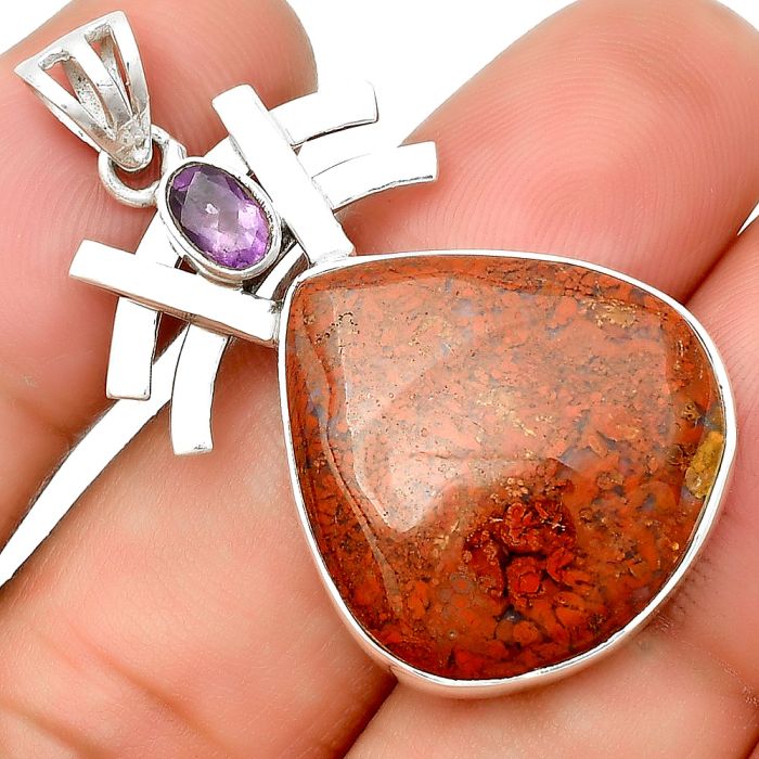 Natural Red Moss Agate & Amethyst Pendant SDP134060 P-1046, 22x23 mm