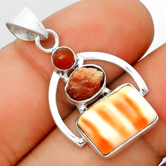 Natural Spiny Oyster Shell, Sunstone Rough & Carnelian Pendant SDP135316 P-1129, 9x13 mm