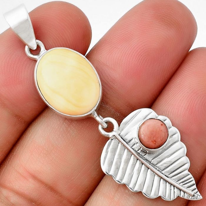 Leaf - Natural Spiny Oyster Shell and Pink Tulip Quartz Pendant SDP136382 P-1539, 11x14 mm