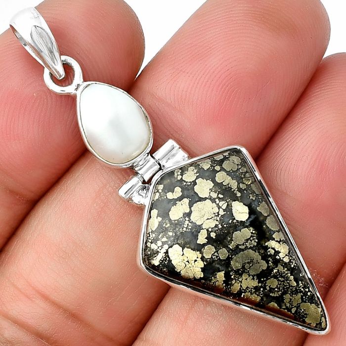 Nipomo Marcasite Agate and Pearl Pendant SDP136621 P-1108, 17x25 mm