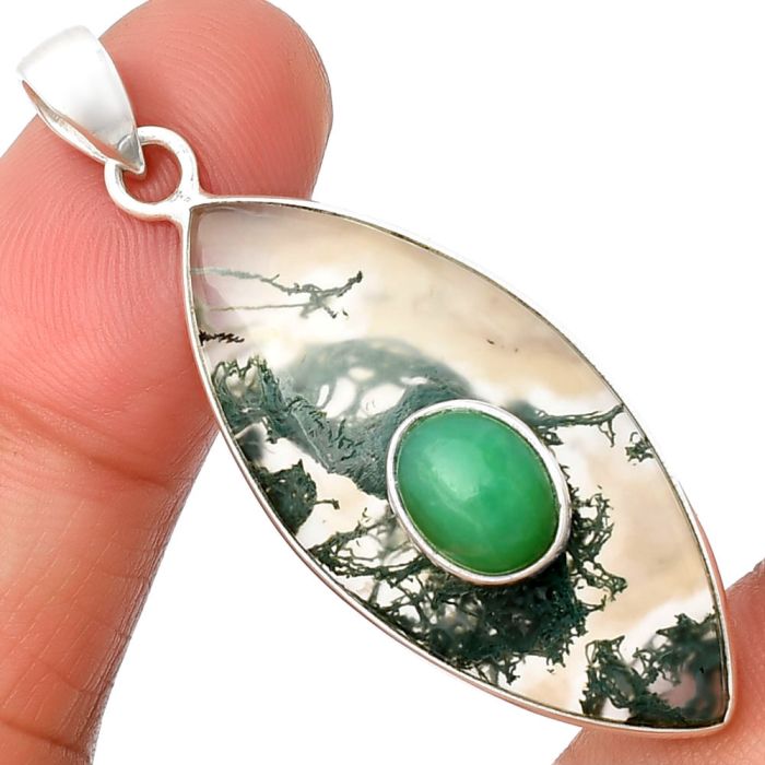 Horse Canyon Moss Agate and Chrysoprase Pendant SDP137753 P-1323, 17x36 mm