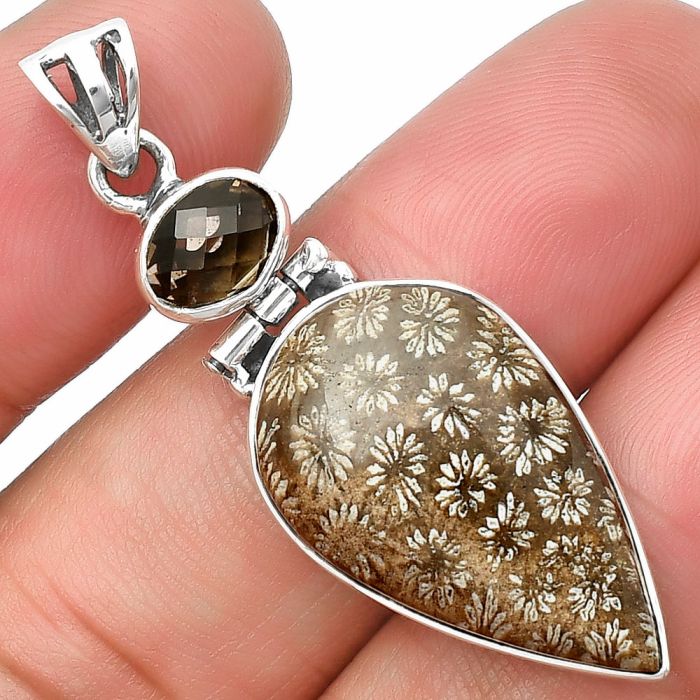 Flower Fossil Coral and Smoky Quartz Pendant SDP137984 P-1108, 15x25 mm