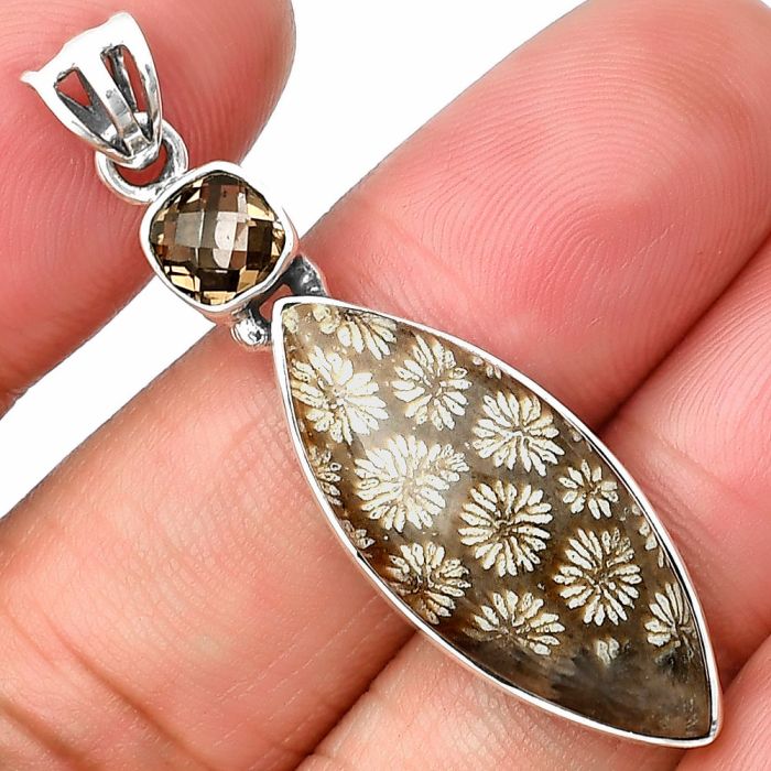Flower Fossil Coral and Smoky Quartz Pendant SDP138185 P-1077, 12x28 mm