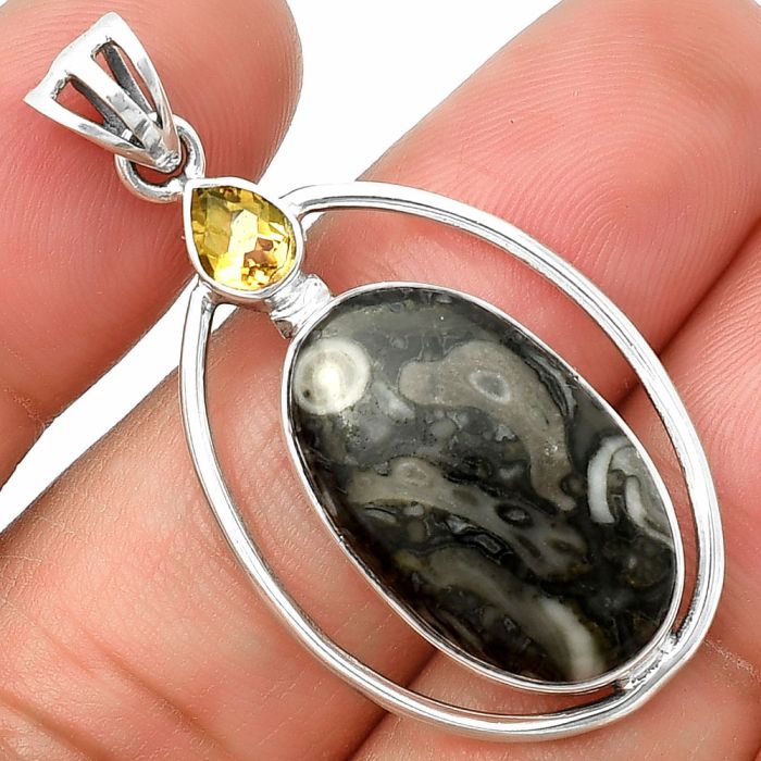 Mexican Cabbing Fossil and Citrine Pendant SDP139232 P-1005, 13x22 mm