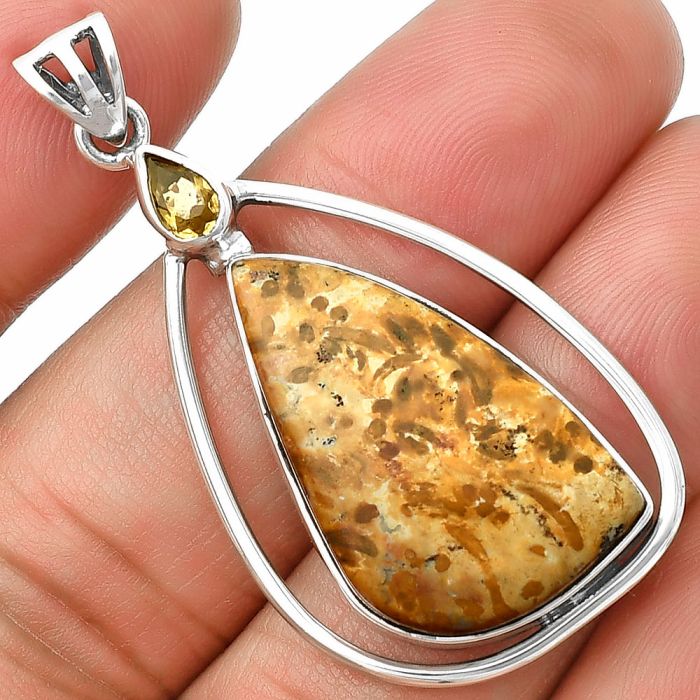 Palm Root Fossil Agate and Citrine Pendant SDP139260 P-1005, 16x27 mm