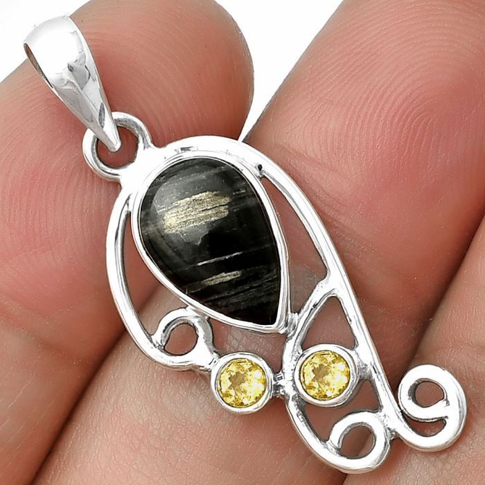 Silver Leaf Obsidian and Citrine Pendant SDP139329 P-1039, 8x12 mm