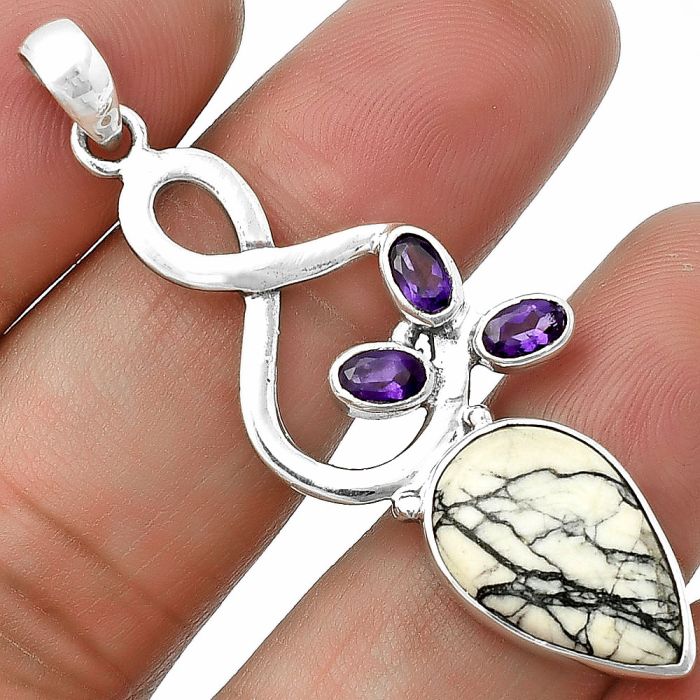 Authentic White Buffalo Turquoise Nevada and Amethyst Pendant SDP139374 P-1118, 11x17 mm