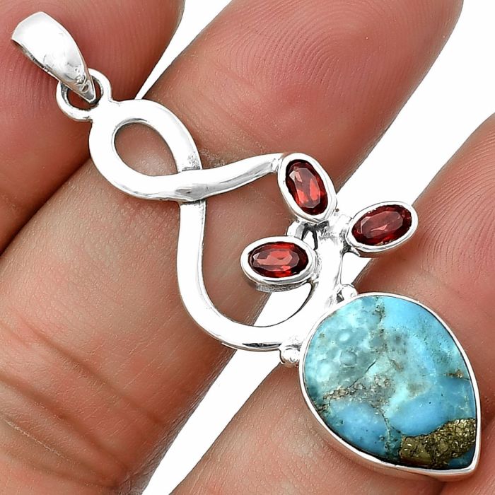 Kingman Turquoise With Pyrite and Garnet Pendant SDP139379 P-1118, 12x16 mm