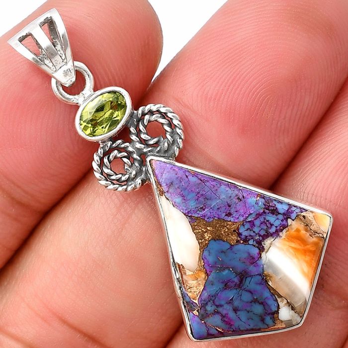 Spiny Oyster Turquoise and Peridot Pendant SDP140795 P-1093, 18x23 mm