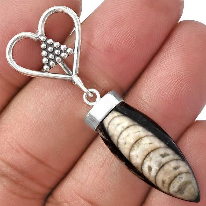 Valentine Gift Heart - Fossil Orthoceras Point Pendant SDP141072 P-1721, 11x28 mm