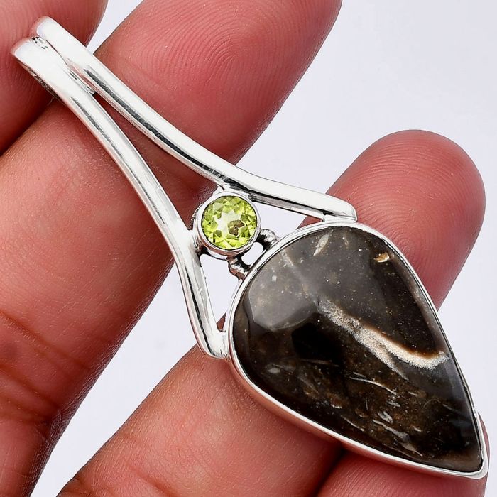 Palm Root Fossil Agate and Peridot Pendant SDP142966 P-1006, 18x27 mm