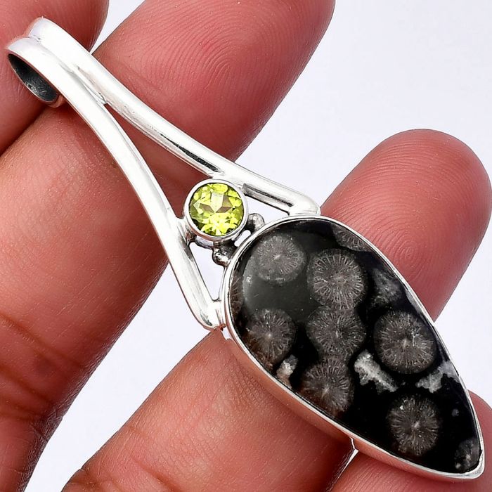 Black Flower Fossil Coral and Peridot Pendant SDP142978 P-1006, 15x29 mm