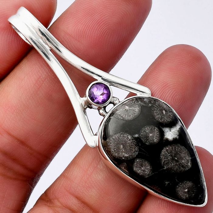 Black Flower Fossil Coral and Amethyst Pendant SDP142982 P-1006, 18x28 mm