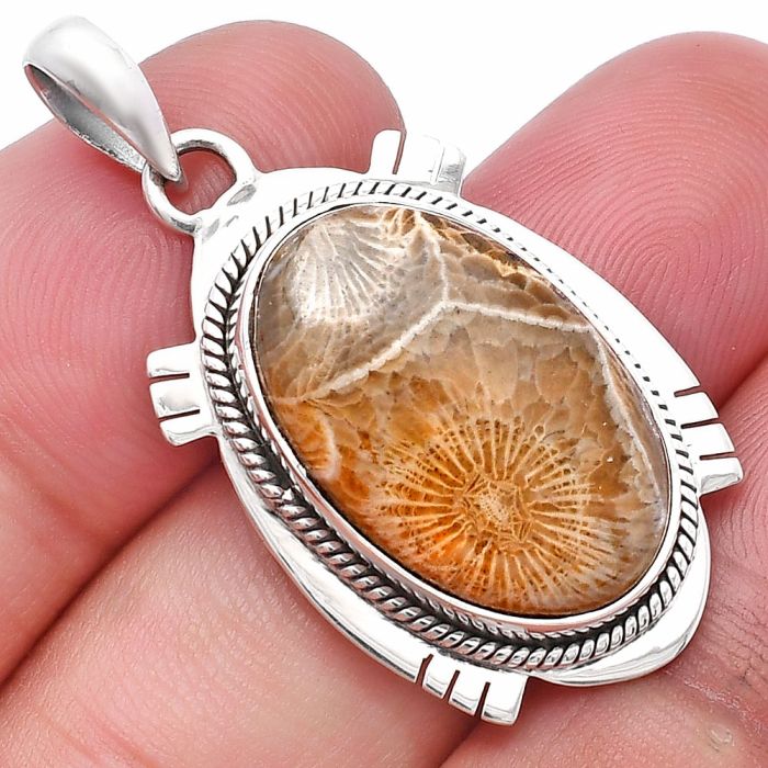 Flower Fossil Coral Pendant SDP144049 P-1463, 14x21 mm