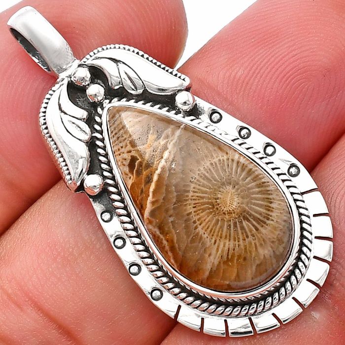 Flower Fossil Coral Pendant SDP144207 P-1568, 12x22 mm