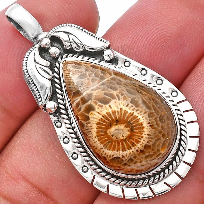 Flower Fossil Coral Pendant SDP144224 P-1568, 15x23 mm