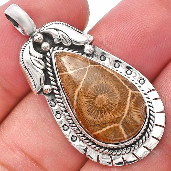 Flower Fossil Coral Pendant SDP144226 P-1568, 13x22 mm