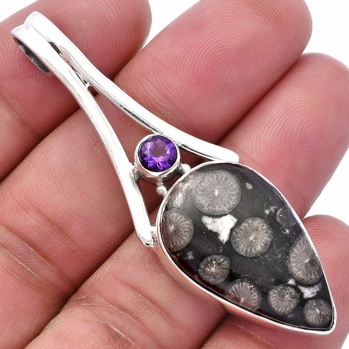 Black Flower Fossil Coral and Amethyst Pendant SDP144667 P-1006, 17x27 mm