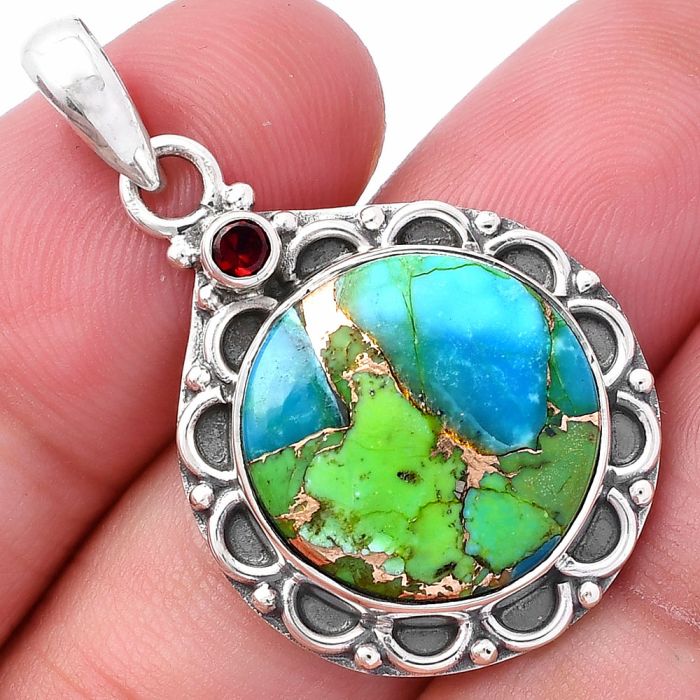 Blue Turquoise In Green Mohave and Garnet Pendant SDP145062 P-1080, 17x17 mm