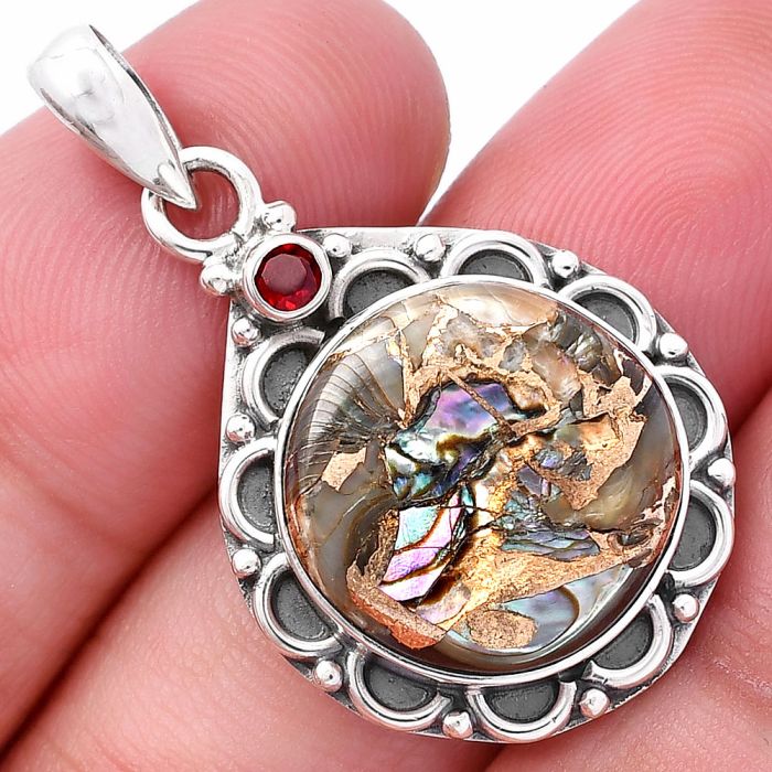 Copper Abalone Shell and Garnet Pendant SDP145068 P-1080, 16x16 mm