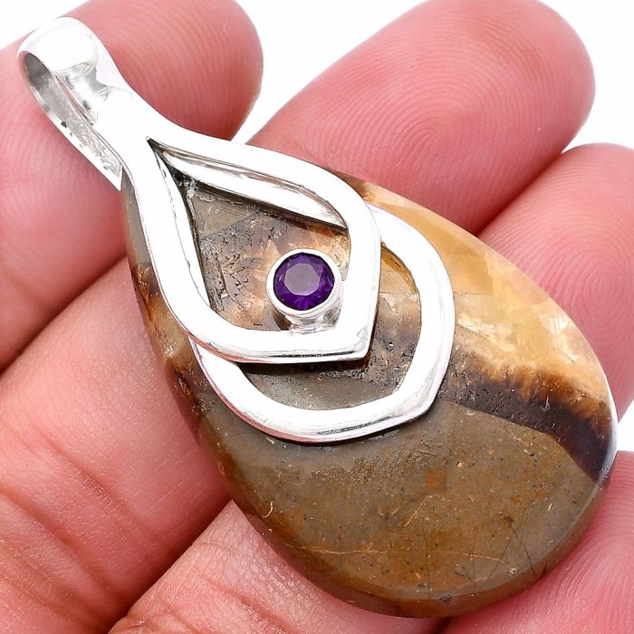 Yellow Septarian and Amethyst Pendant SDP145125 P-1562, 24x39 mm