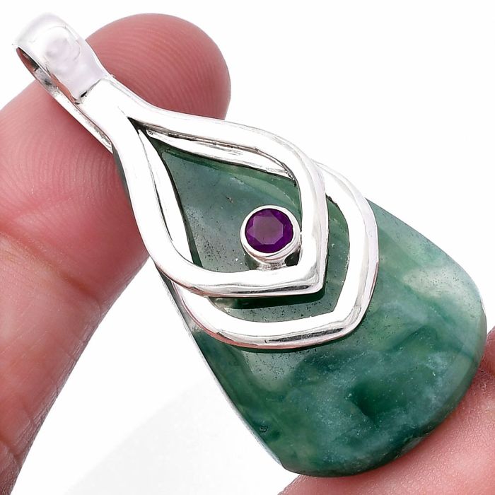 Green Lace Agate and Amethyst Pendant SDP145134 P-1562, 21x37 mm