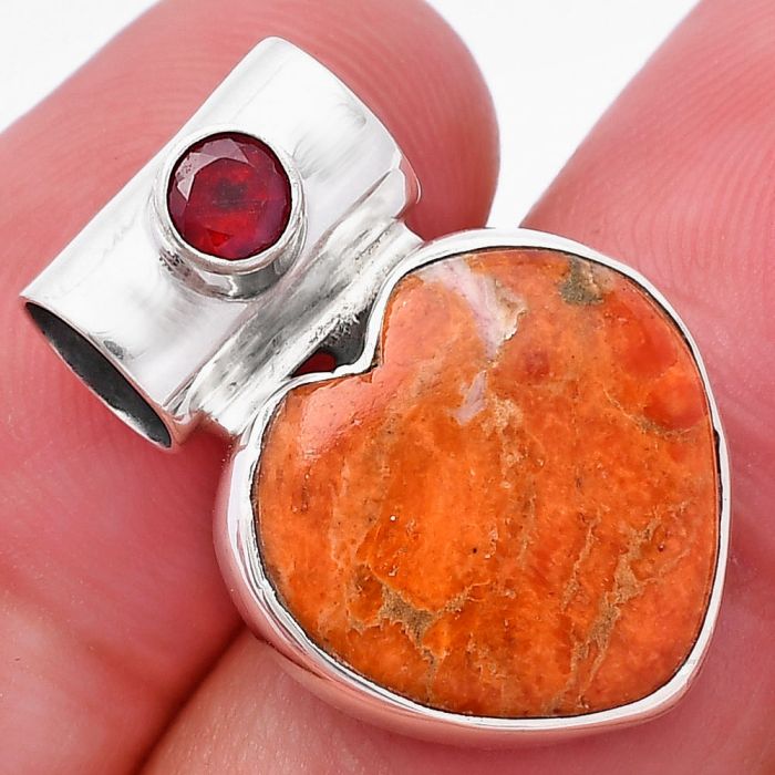Valentine Gift Heart - Red Sponge Coral and Garnet Pendant SDP145191 P-1300, 15x15 mm