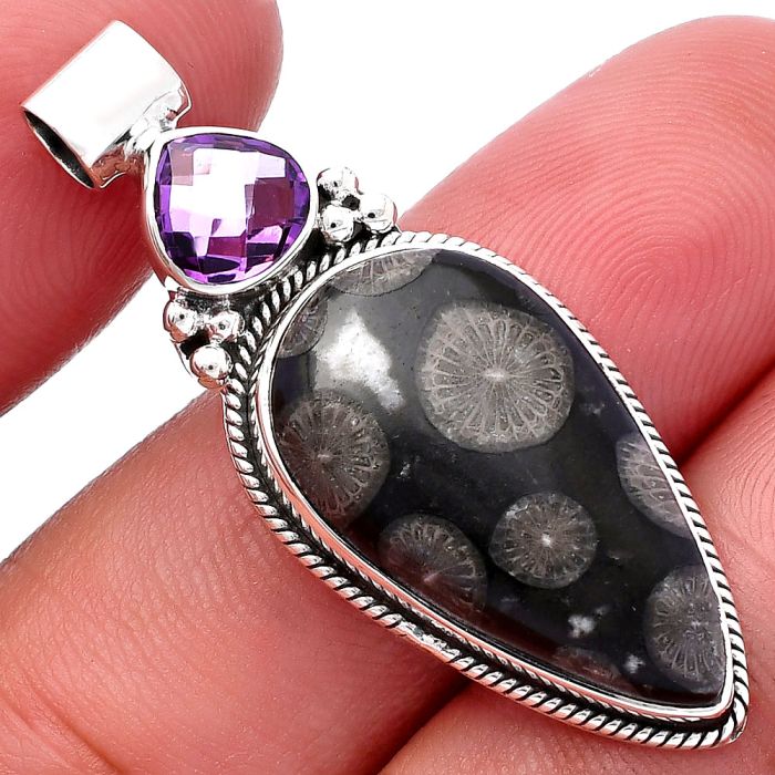 Black Flower Fossil Coral and Amethyst Pendant SDP145260 P-1121, 14x24 mm