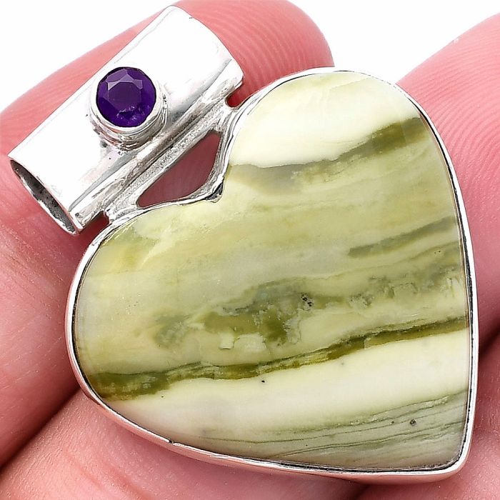 Valentine Gift Heart - Natural Serpentine and Amethyst Pendant SDP145361 P-1300, 26x27 mm