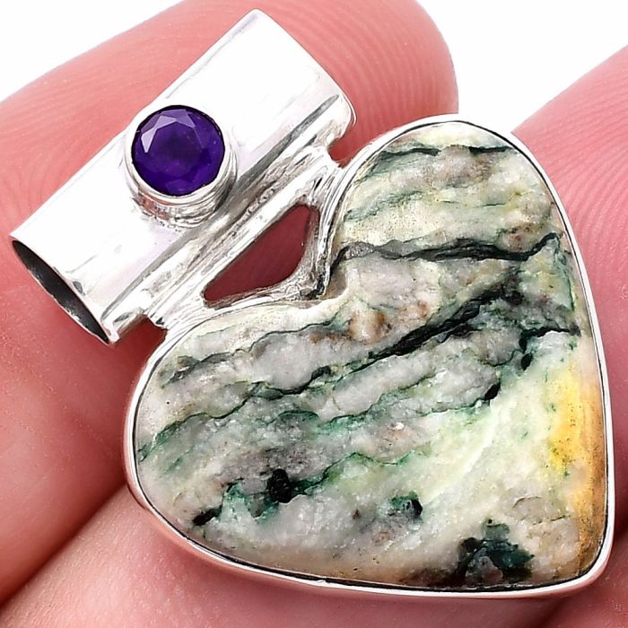 Valentine Gift Heart - Tree Weed Moss Agate and Amethyst Pendant SDP145371 P-1300, 21x22 mm