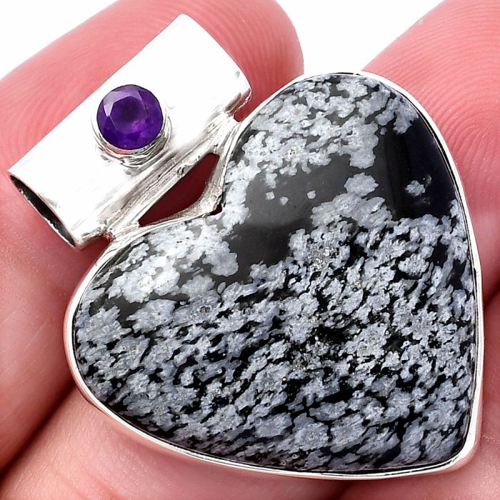 Valentine Gift Heart - Snow Flake Obsidian and Amethyst Pendant SDP145379 P-1300, 25x27 mm