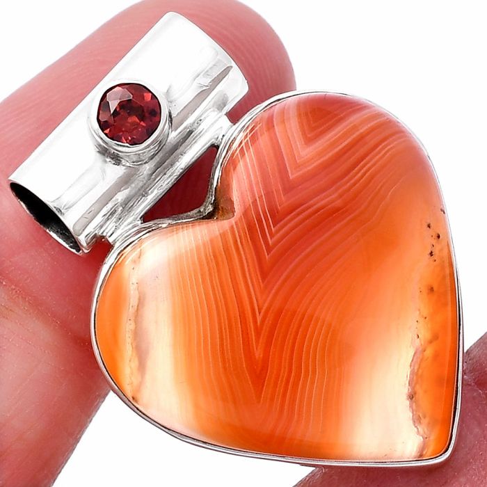 Valentine Gift Heart - Lake Superior Agate and Garnet Pendant SDP145393 P-1300, 23x23 mm