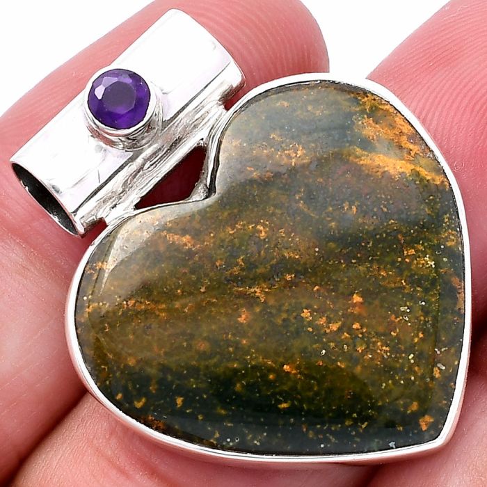 Valentine Gift Heart - Moss Agate and Amethyst Pendant SDP145402 P-1300, 25x26 mm