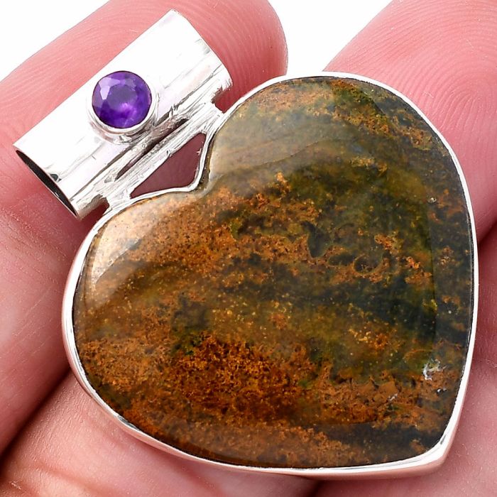 Valentine Gift Heart - Red Moss Agate and Amethyst Pendant SDP145426 P-1300, 27x29 mm