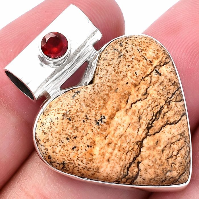 Valentine Gift Heart - Picture Jasper and Garnet Pendant SDP145430 P-1300, 24x25 mm