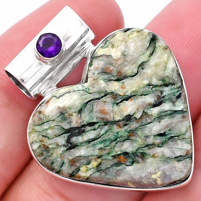 Valentine Gift Heart - Tree Weed Moss Agate and Amethyst Pendant SDP145455 P-1300, 26x28 mm